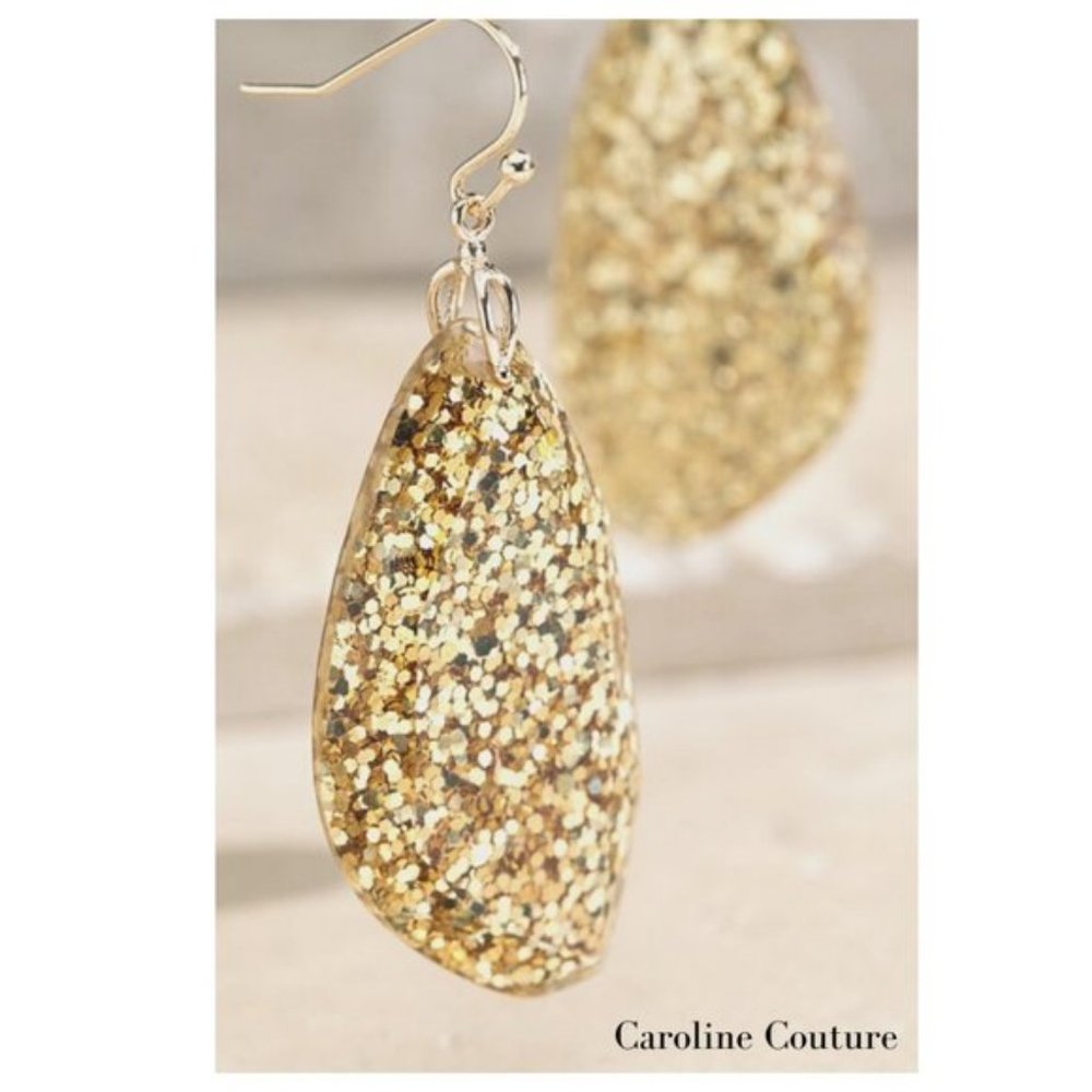 Gold Glitter Teardrop Dangle Earrings